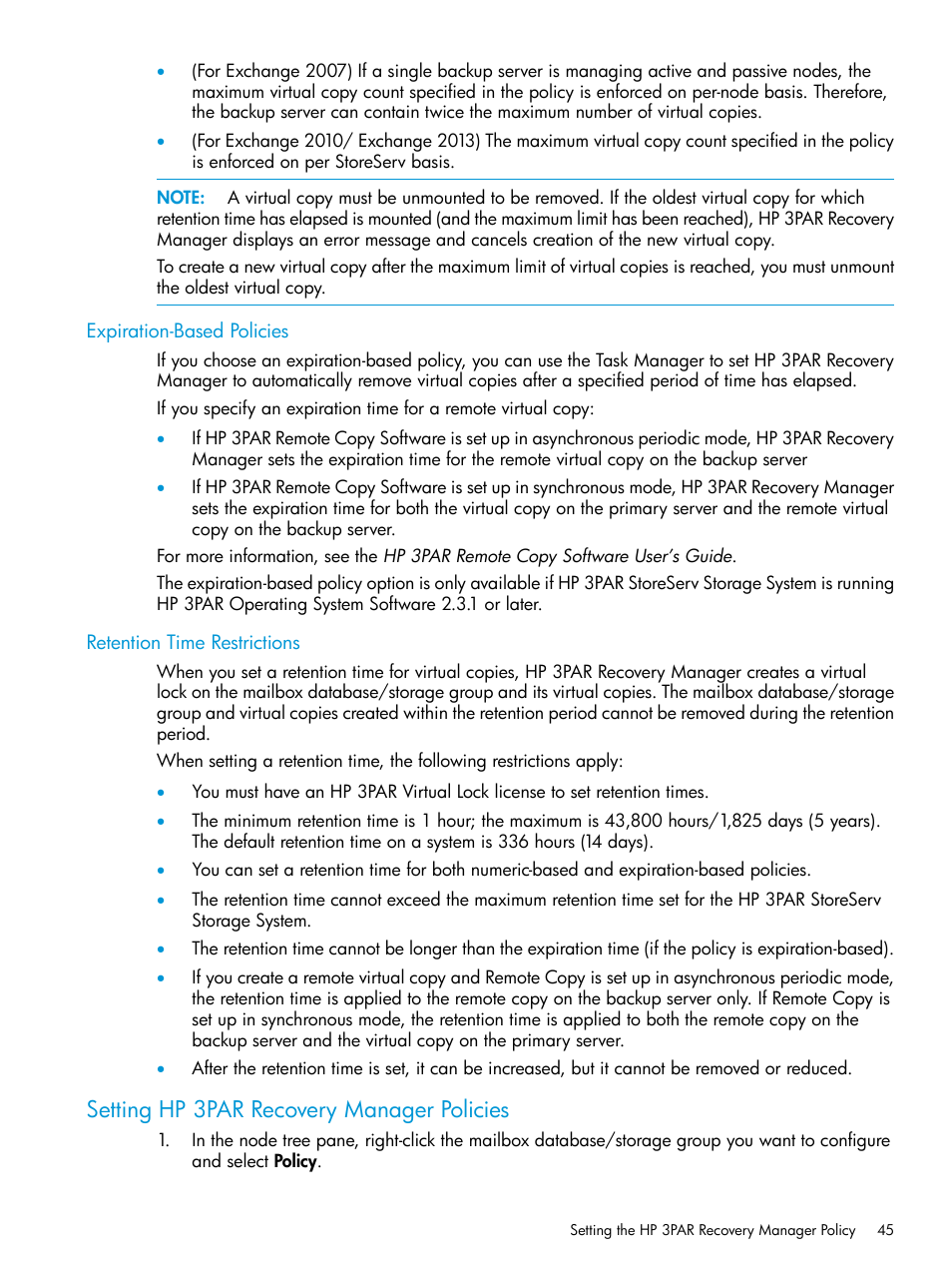 Expiration-based policies, Retention time restrictions, Setting hp 3par recovery manager policies | HP 3PAR Recovery Manager Software User Manual | Page 45 / 176