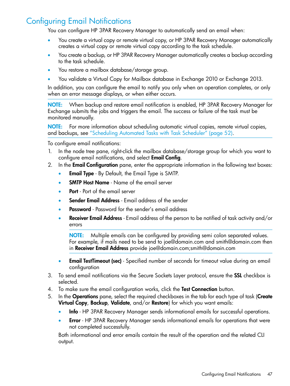 Configuring email notifications | HP 3PAR Recovery Manager Software User Manual | Page 47 / 176