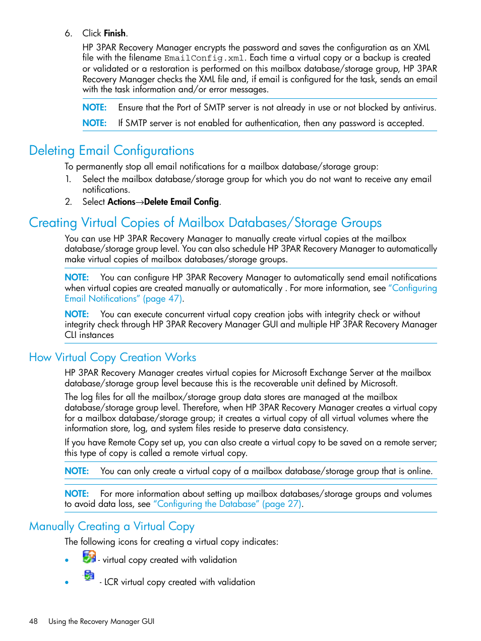Deleting email configurations, How virtual copy creation works, Manually creating a virtual copy | HP 3PAR Recovery Manager Software User Manual | Page 48 / 176