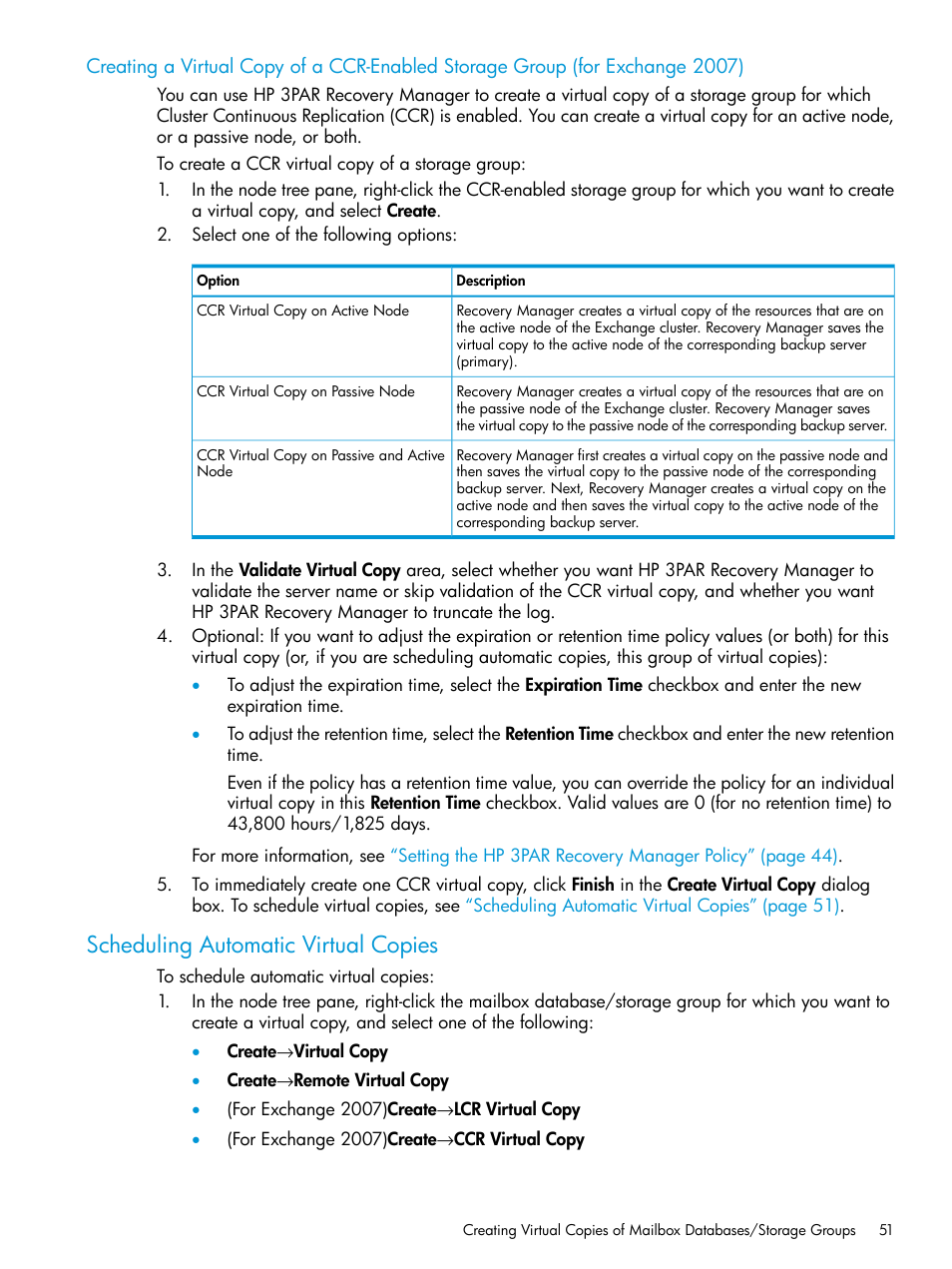 Scheduling automatic virtual copies | HP 3PAR Recovery Manager Software User Manual | Page 51 / 176