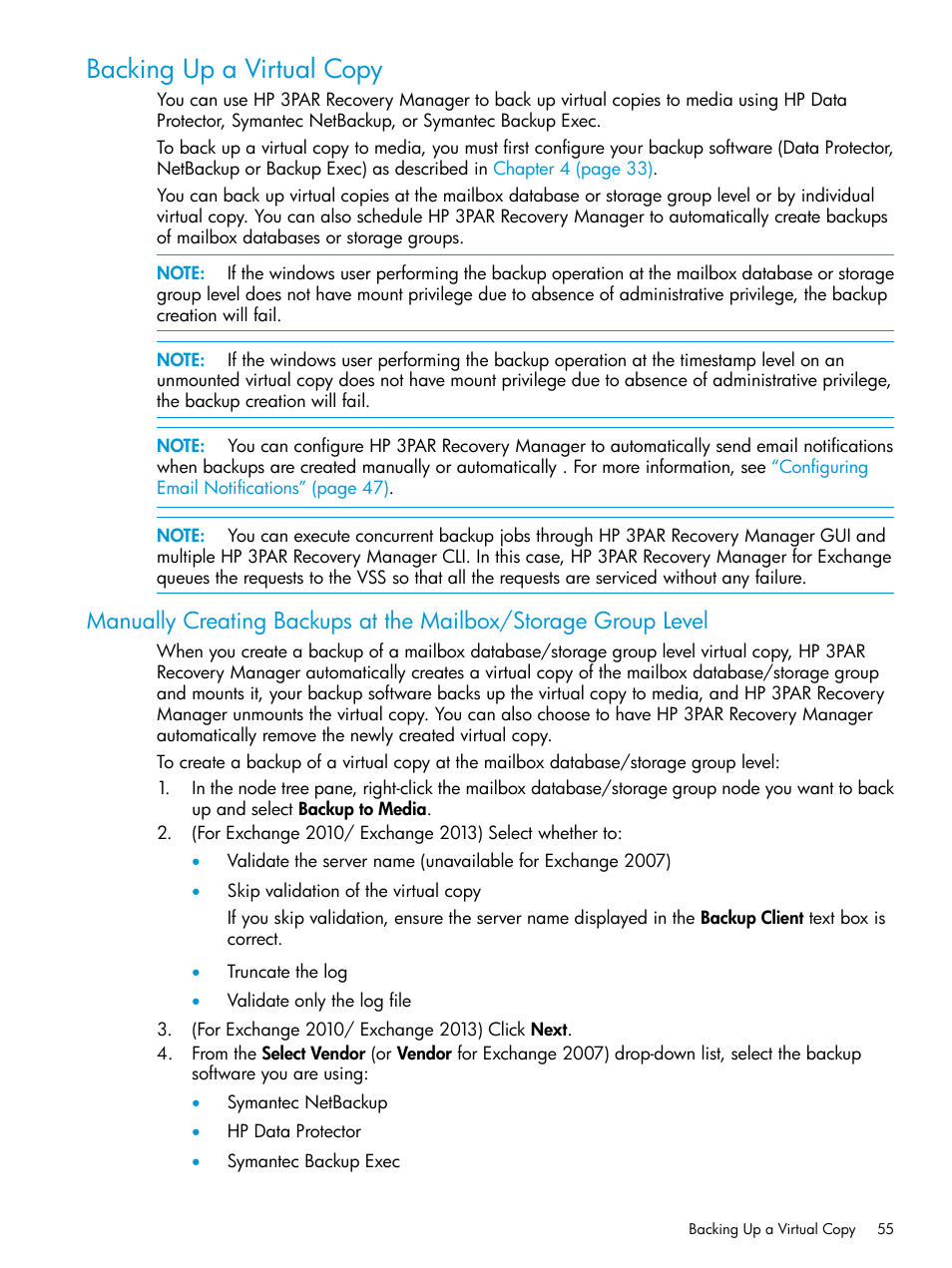 Backing up a virtual copy | HP 3PAR Recovery Manager Software User Manual | Page 55 / 176