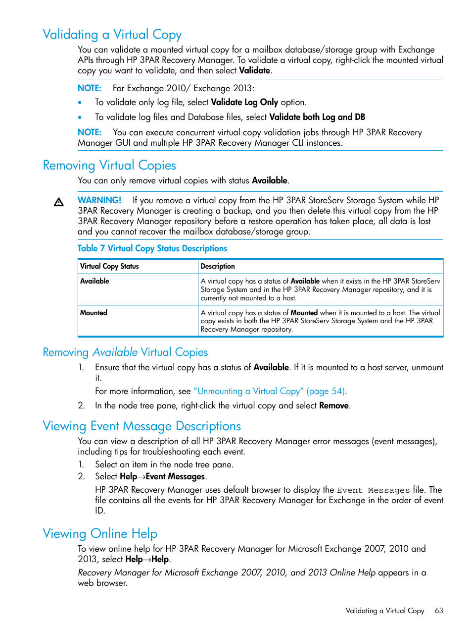 Validating a virtual copy, Removing virtual copies, Removing available virtual copies | Viewing event message descriptions, Viewing online help, Validating a virtual copy removing virtual copies | HP 3PAR Recovery Manager Software User Manual | Page 63 / 176