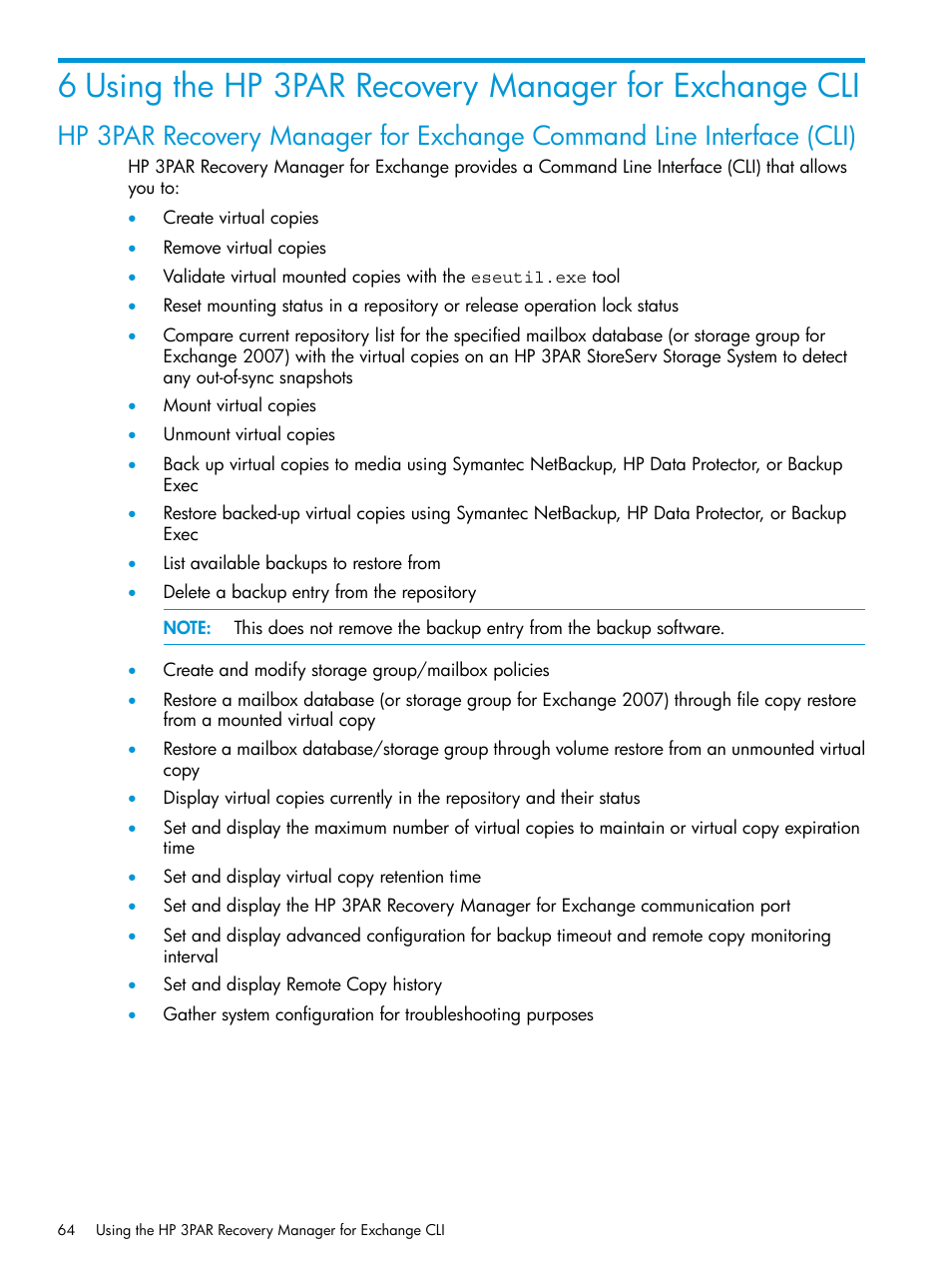 Using the hp 3par recovery manager for exchange | HP 3PAR Recovery Manager Software User Manual | Page 64 / 176
