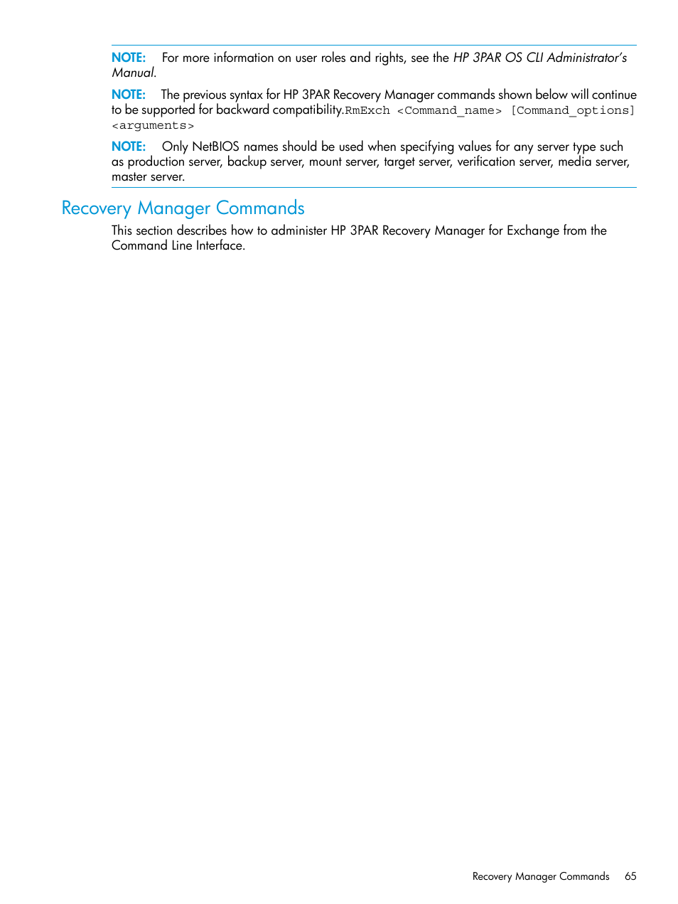 Recovery manager commands | HP 3PAR Recovery Manager Software User Manual | Page 65 / 176