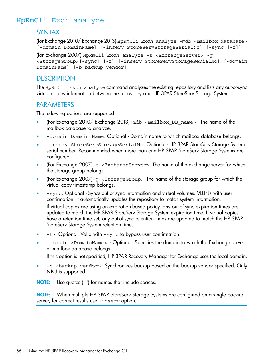 Hprmcli exch analyze, Syntax, Description | Parameters | HP 3PAR Recovery Manager Software User Manual | Page 66 / 176