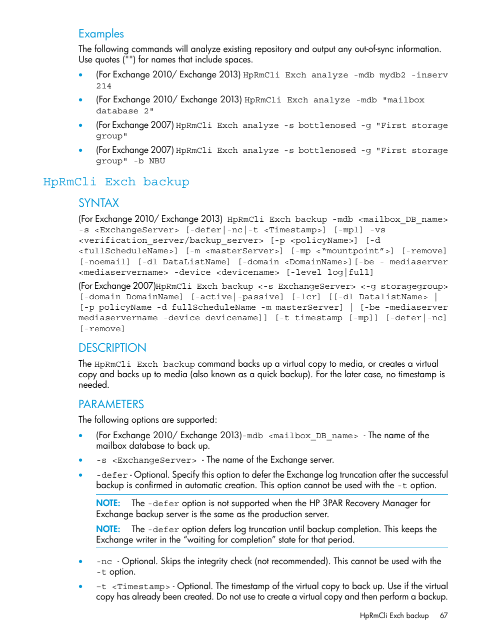 Hprmcli exch backup, Examples, Syntax | Description, Parameters | HP 3PAR Recovery Manager Software User Manual | Page 67 / 176