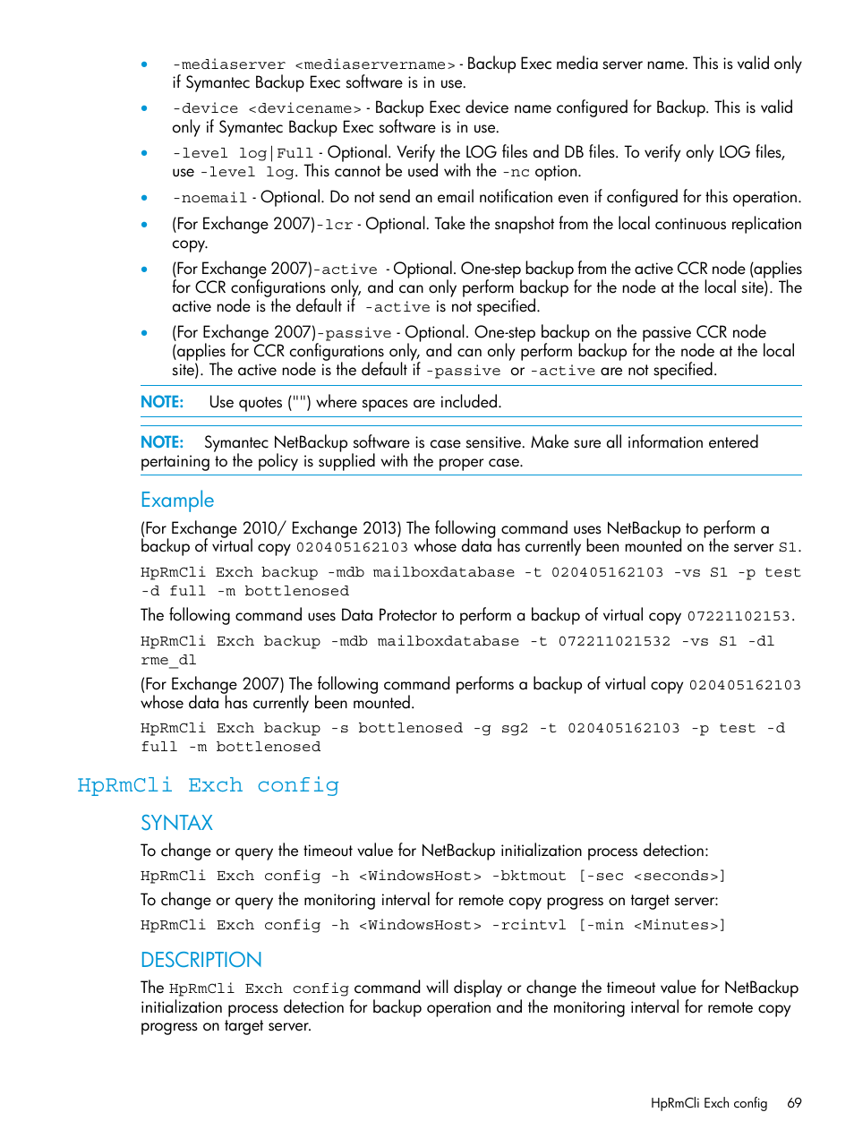 Hprmcli exch config, Example, Syntax | Description | HP 3PAR Recovery Manager Software User Manual | Page 69 / 176