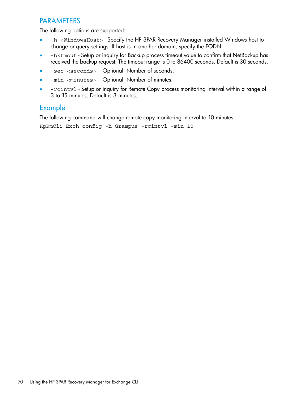 Parameters, Example | HP 3PAR Recovery Manager Software User Manual | Page 70 / 176