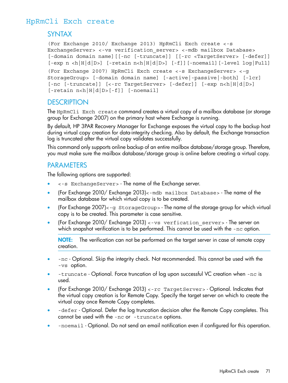 Hprmcli exch create, Syntax, Description | Parameters | HP 3PAR Recovery Manager Software User Manual | Page 71 / 176