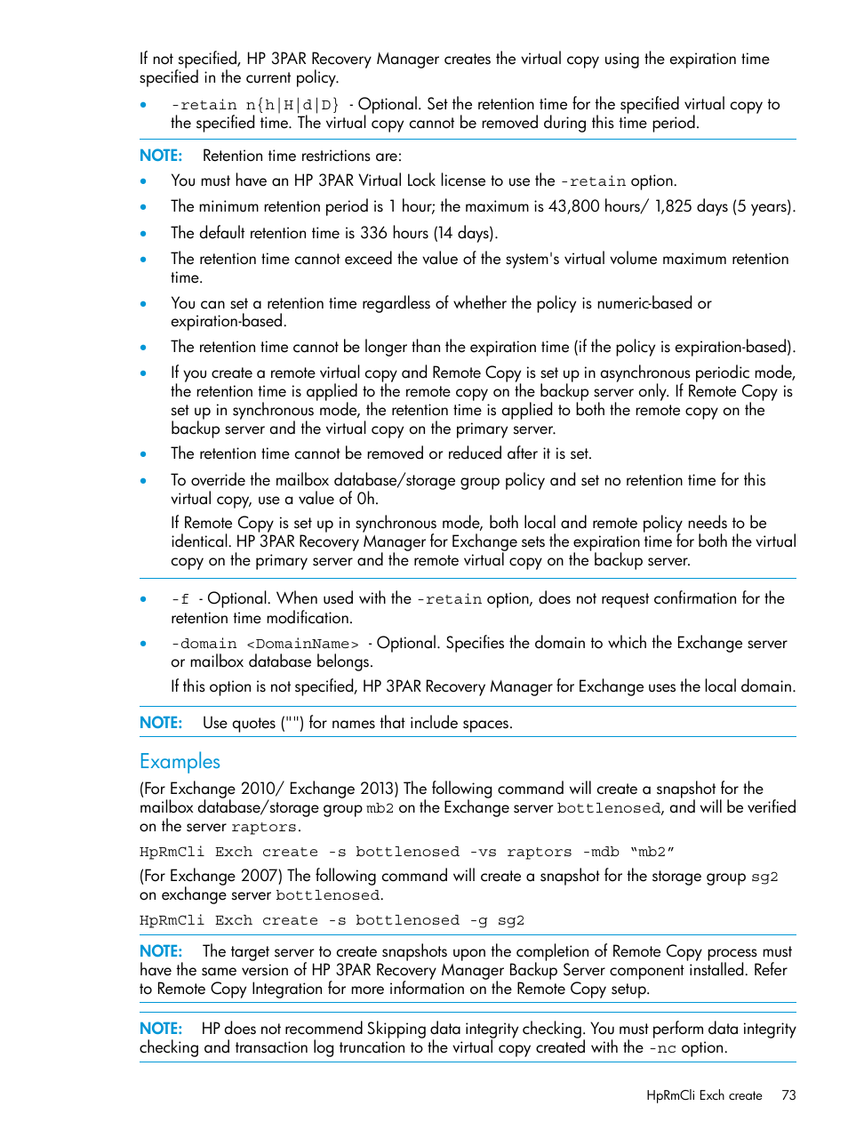 Examples | HP 3PAR Recovery Manager Software User Manual | Page 73 / 176