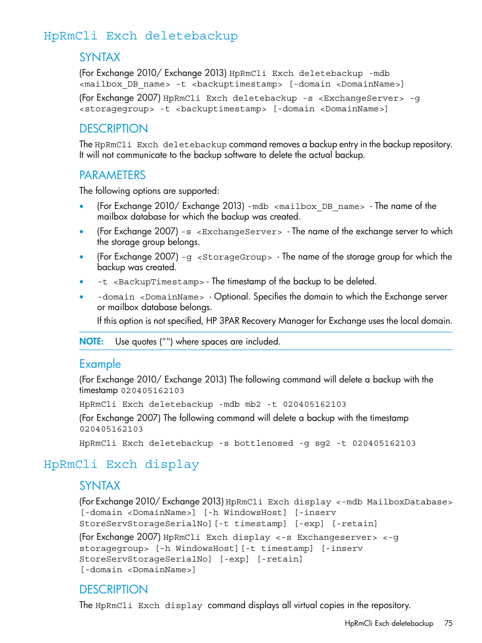 Hprmcli exch deletebackup, Hprmcli exch display, Hprmcli exch deletebackup hprmcli exch display | Syntax, Description, Parameters, Example | HP 3PAR Recovery Manager Software User Manual | Page 75 / 176