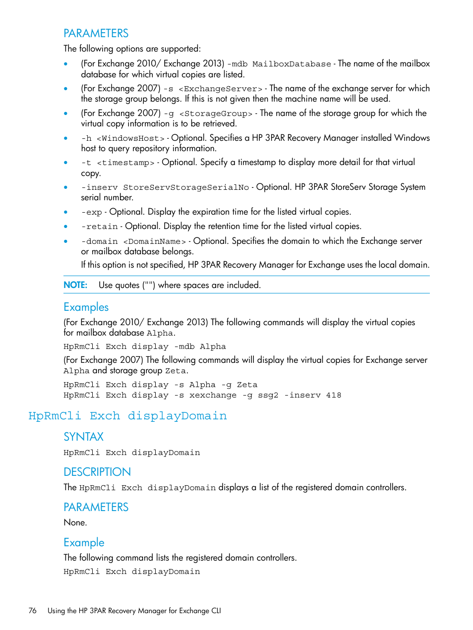 Hprmcli exch displaydomain, Parameters, Examples | Syntax, Description, Example | HP 3PAR Recovery Manager Software User Manual | Page 76 / 176