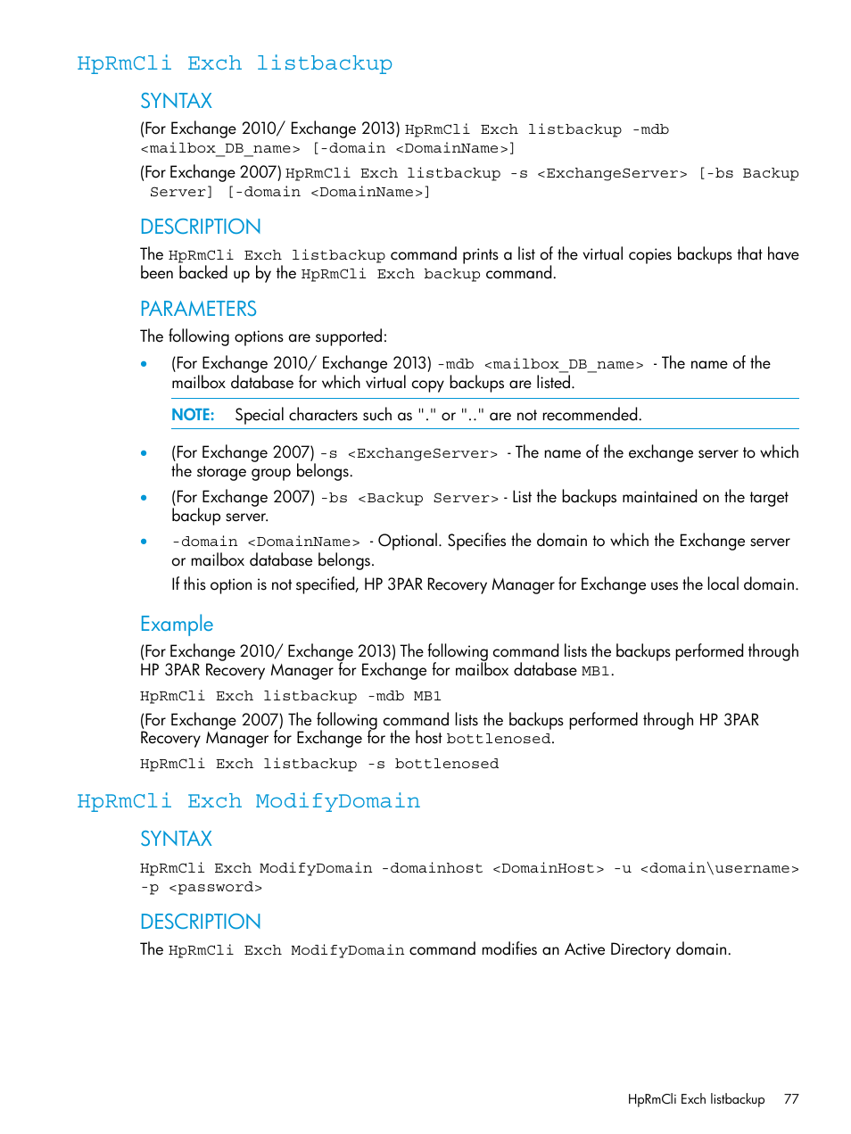Hprmcli exch listbackup, Hprmcli exch modifydomain, Hprmcli exch listbackup hprmcli exch modifydomain | Hprmcli exch, Modifydomain, Syntax, Description, Parameters, Example | HP 3PAR Recovery Manager Software User Manual | Page 77 / 176