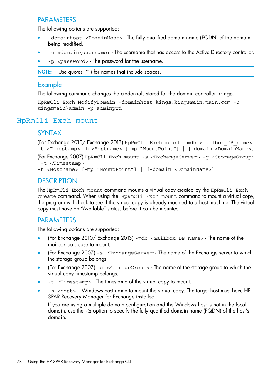 Hprmcli exch mount, Parameters, Example | Syntax, Description | HP 3PAR Recovery Manager Software User Manual | Page 78 / 176