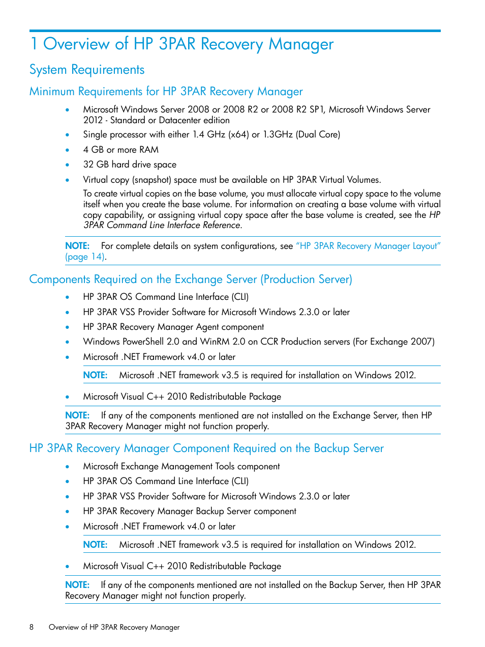 1 overview of hp 3par recovery manager, System requirements, Minimum requirements for hp 3par recovery manager | HP 3PAR Recovery Manager Software User Manual | Page 8 / 176