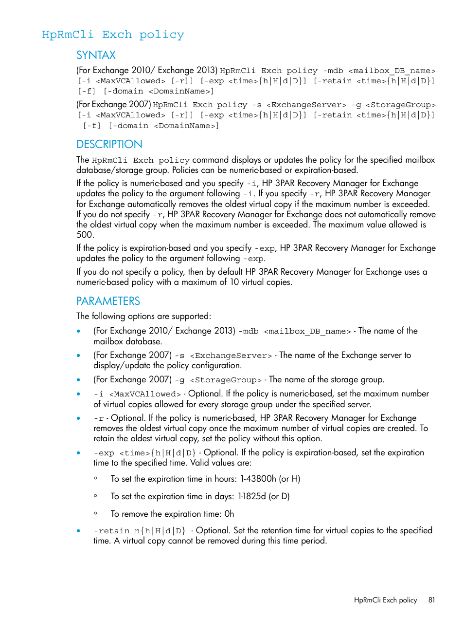 Hprmcli exch policy, Syntax, Description | Parameters | HP 3PAR Recovery Manager Software User Manual | Page 81 / 176