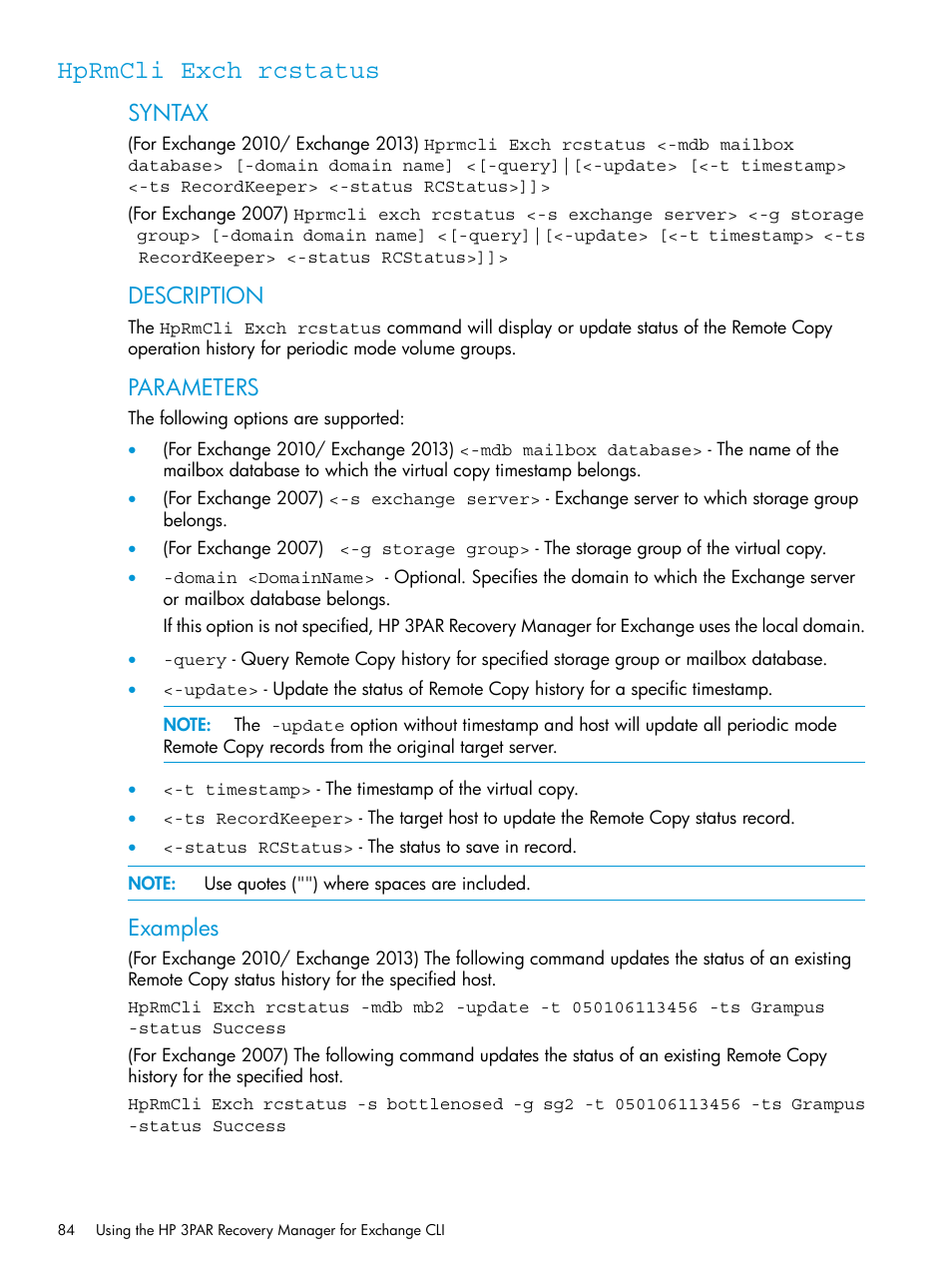 Hprmcli exch rcstatus, Syntax, Description | Parameters, Examples | HP 3PAR Recovery Manager Software User Manual | Page 84 / 176