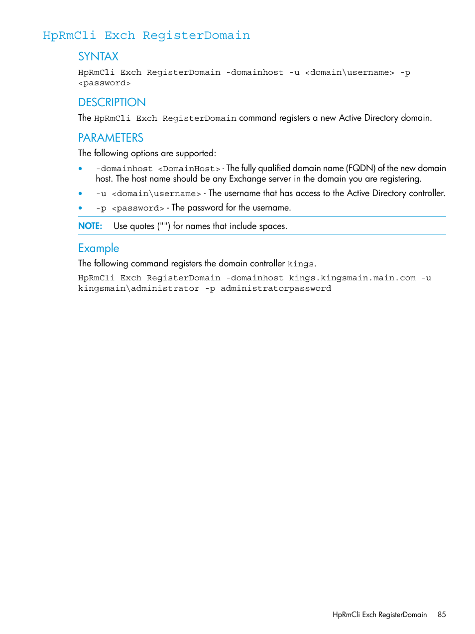 Hprmcli exch registerdomain, Hprmcli exch, Registerdomain | Syntax, Description, Parameters, Example | HP 3PAR Recovery Manager Software User Manual | Page 85 / 176