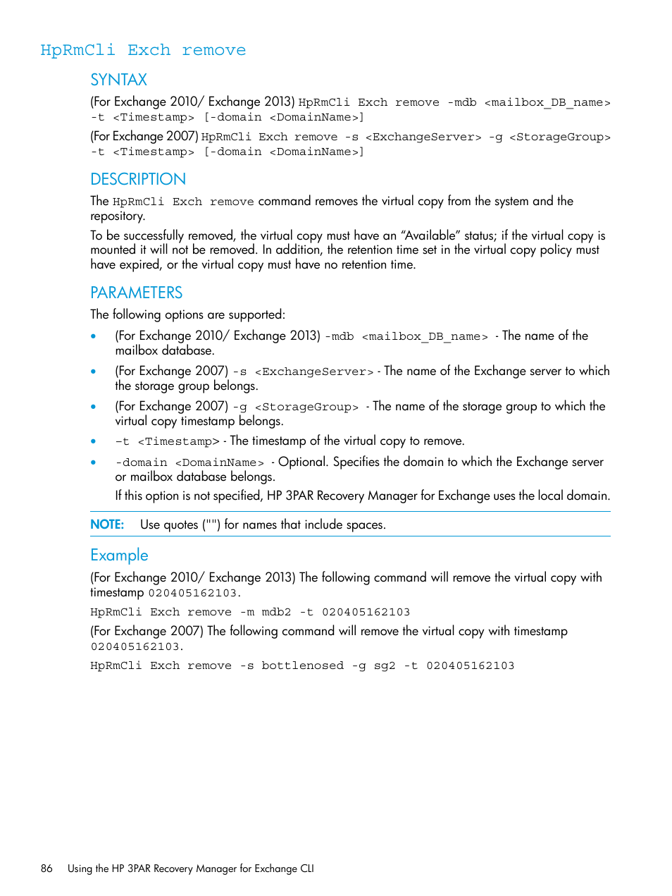 Hprmcli exch remove, Syntax, Description | Parameters, Example | HP 3PAR Recovery Manager Software User Manual | Page 86 / 176