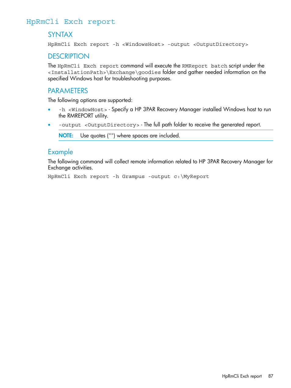 Hprmcli exch report, Syntax, Description | Parameters, Example | HP 3PAR Recovery Manager Software User Manual | Page 87 / 176