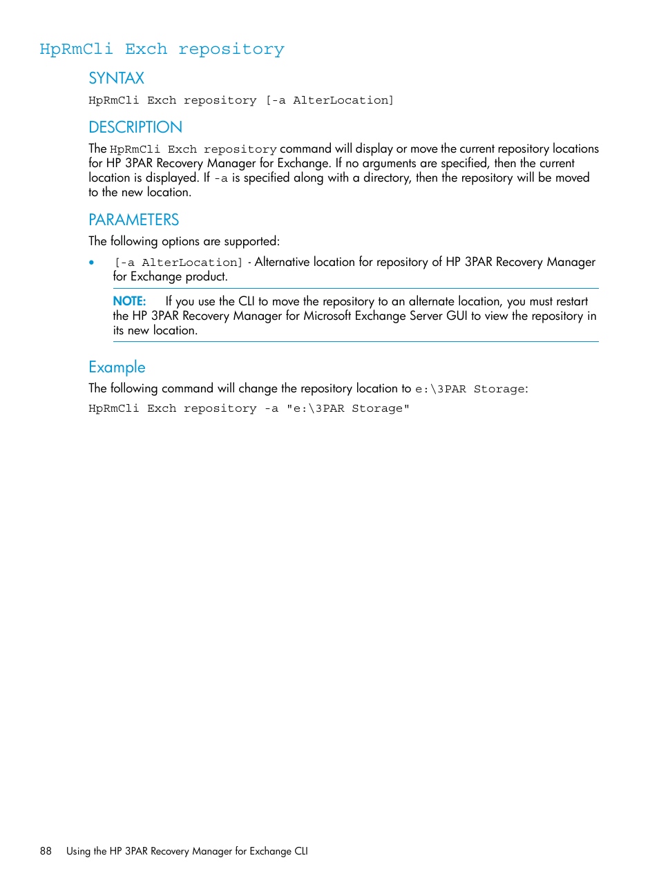 Hprmcli exch repository, Syntax, Description | Parameters, Example | HP 3PAR Recovery Manager Software User Manual | Page 88 / 176