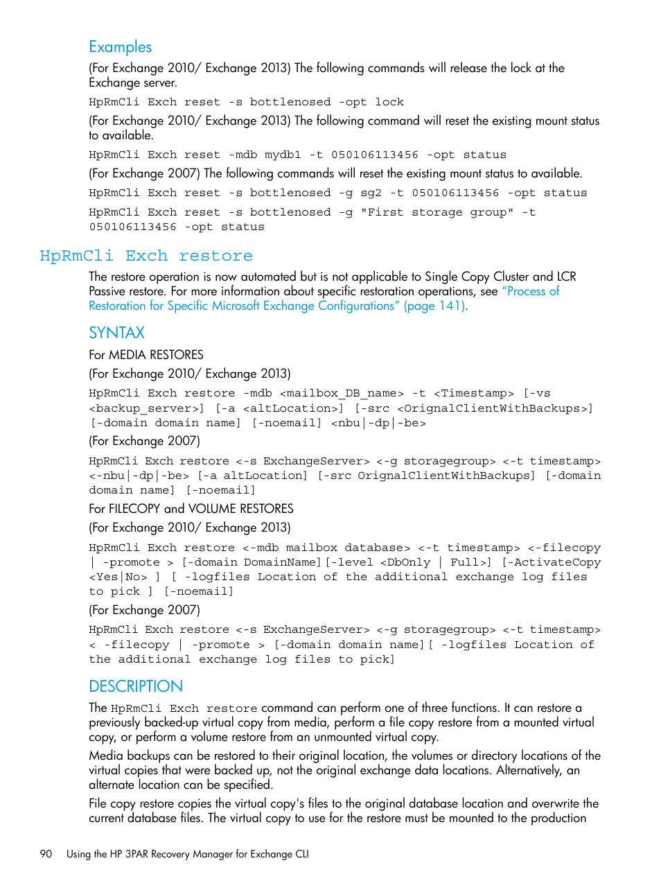 Hprmcli exch restore, Examples, Syntax | Description | HP 3PAR Recovery Manager Software User Manual | Page 90 / 176