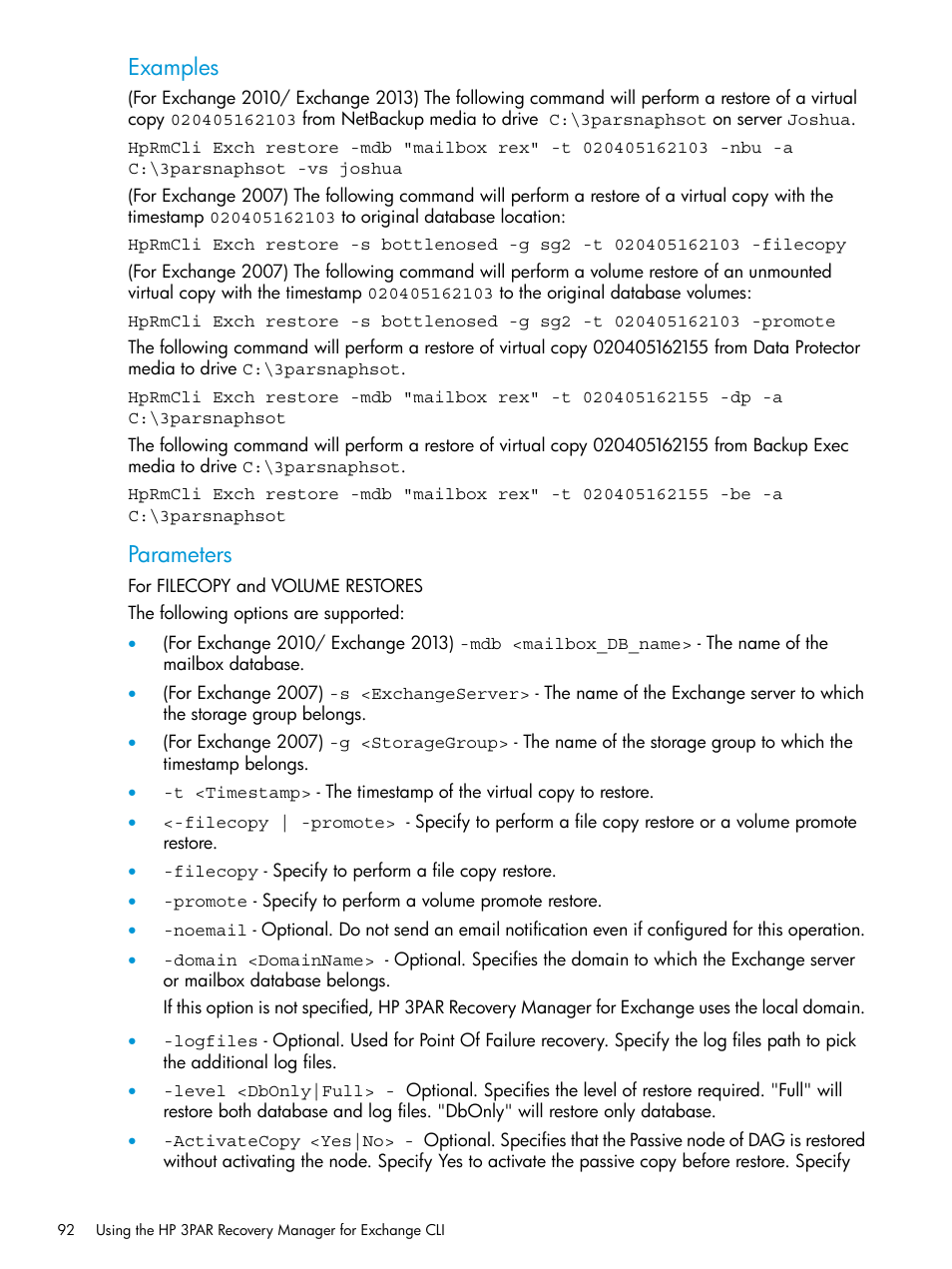 Examples, Parameters | HP 3PAR Recovery Manager Software User Manual | Page 92 / 176