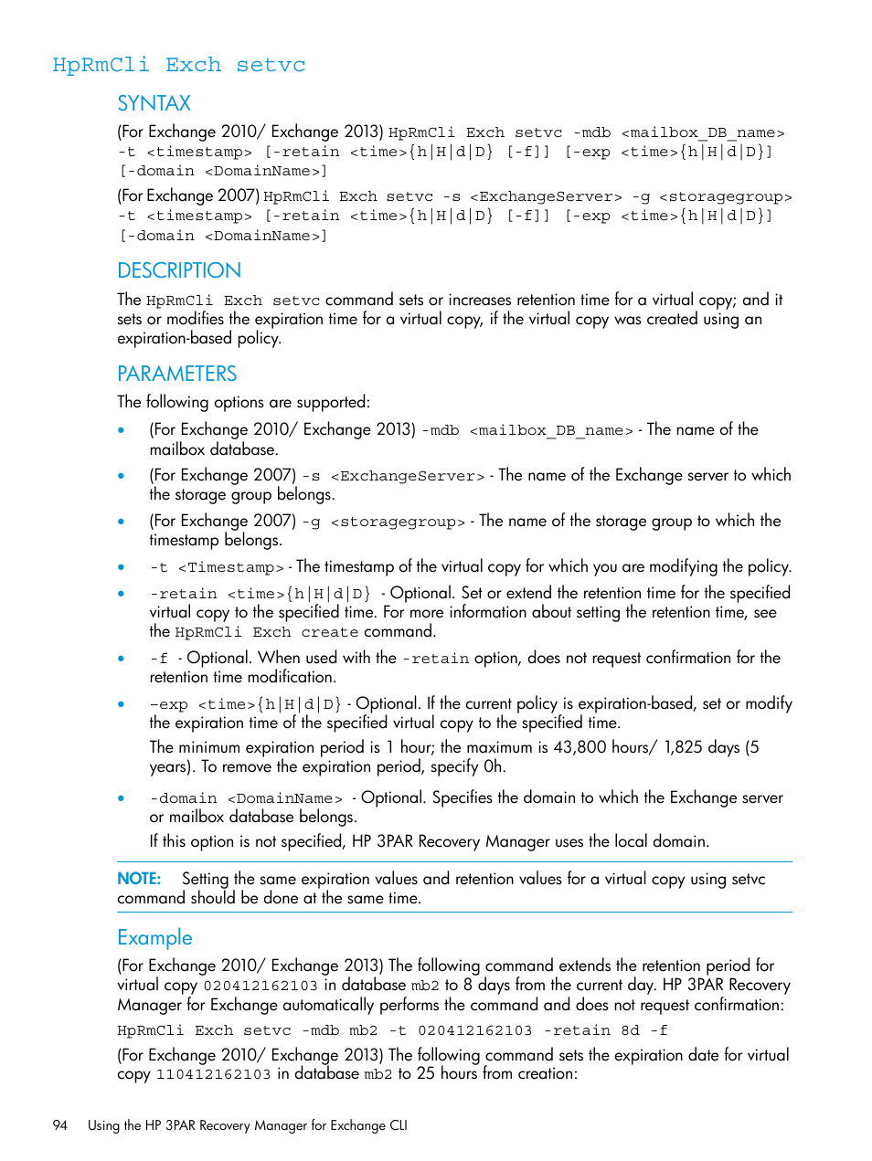 Hprmcli exch setvc, Syntax, Description | Parameters, Example | HP 3PAR Recovery Manager Software User Manual | Page 94 / 176