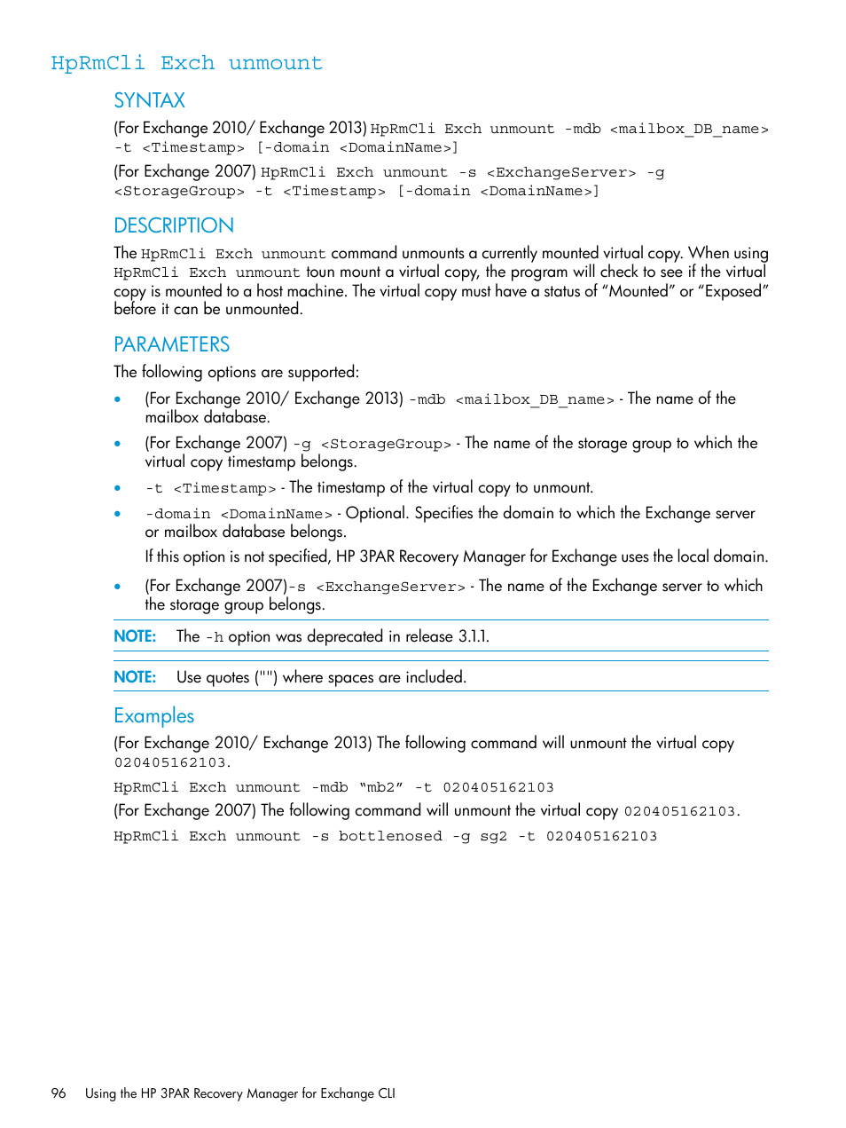 Hprmcli exch unmount, Syntax, Description | Parameters, Examples | HP 3PAR Recovery Manager Software User Manual | Page 96 / 176