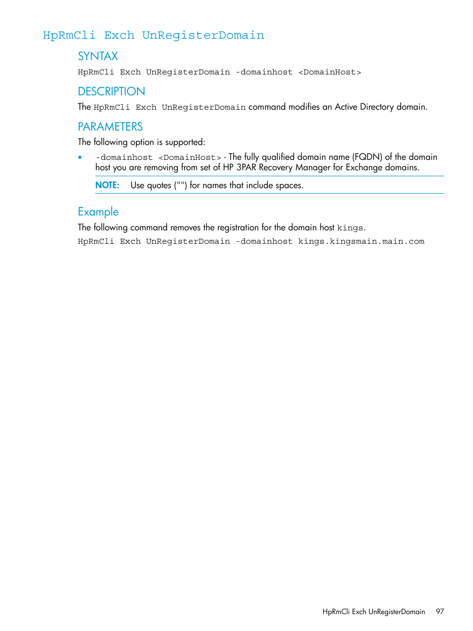 Hprmcli exch unregisterdomain, Hprmcli exch, Unregisterdomain | Syntax, Description, Parameters, Example | HP 3PAR Recovery Manager Software User Manual | Page 97 / 176