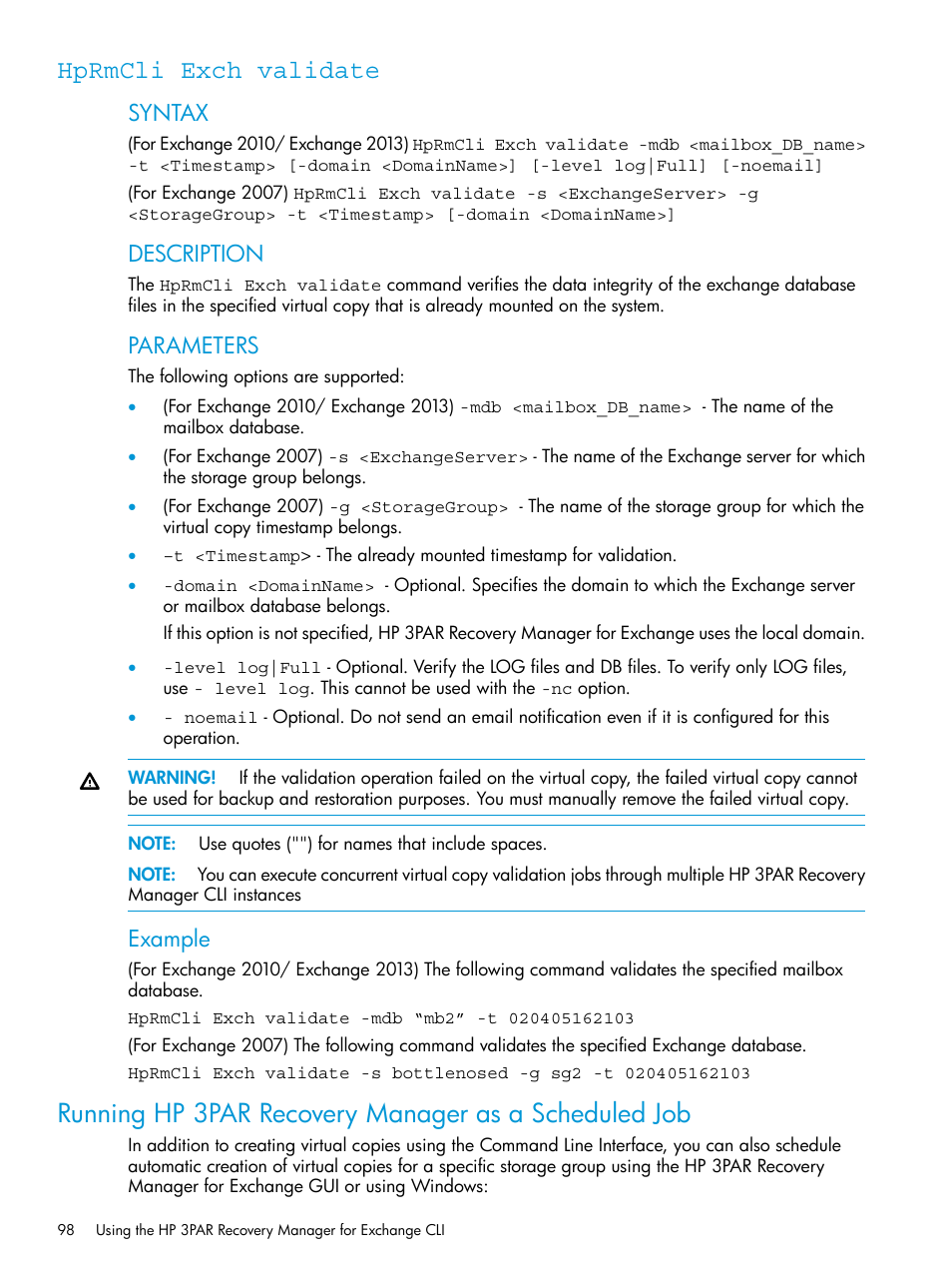 Hprmcli exch validate, Syntax, Description | Parameters, Example | HP 3PAR Recovery Manager Software User Manual | Page 98 / 176