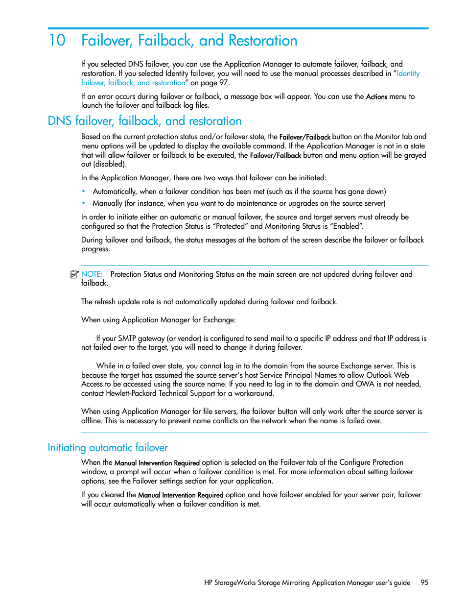 Failover, failback, and restoration, Dns failover, failback, and restoration, Initiating automatic failover | 10failover, failback, and restoration, Failover, Failback, and restoration, 10 failover, failback, and restoration | HP Storage Mirroring V5 Software User Manual | Page 105 / 132
