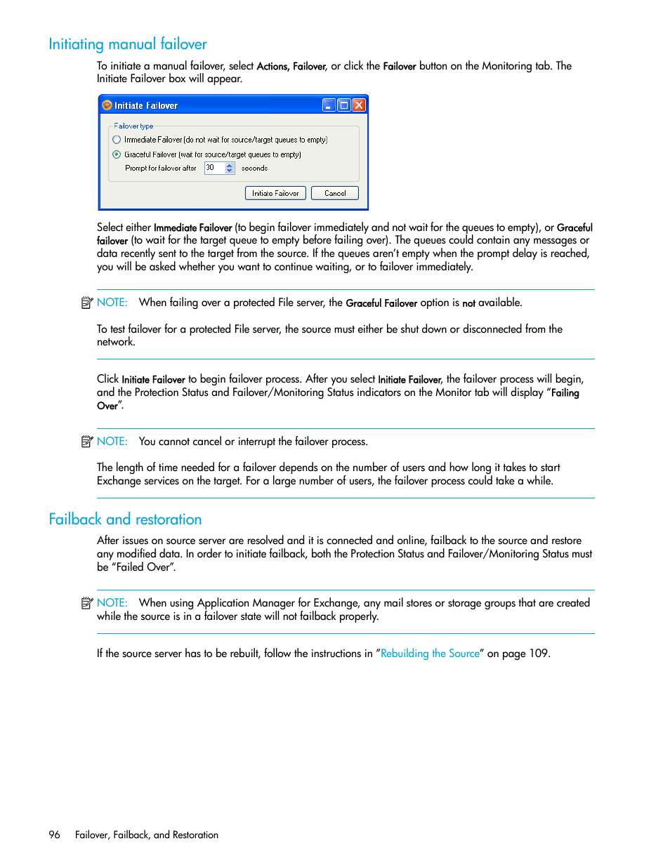 Initiating manual failover, Failback and restoration | HP Storage Mirroring V5 Software User Manual | Page 106 / 132
