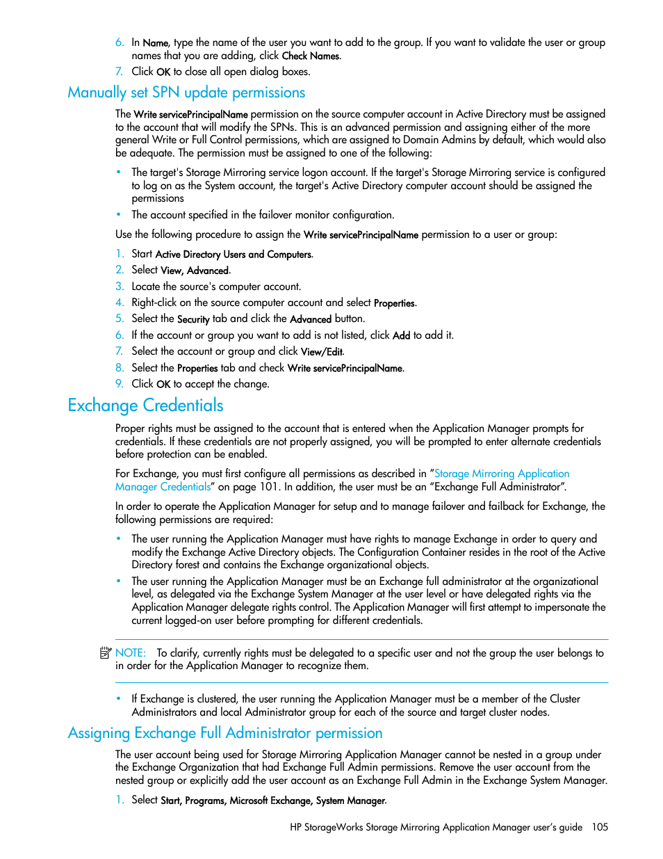 Manually set spn update permissions, Exchange credentials, Assigning exchange full administrator permission | HP Storage Mirroring V5 Software User Manual | Page 115 / 132