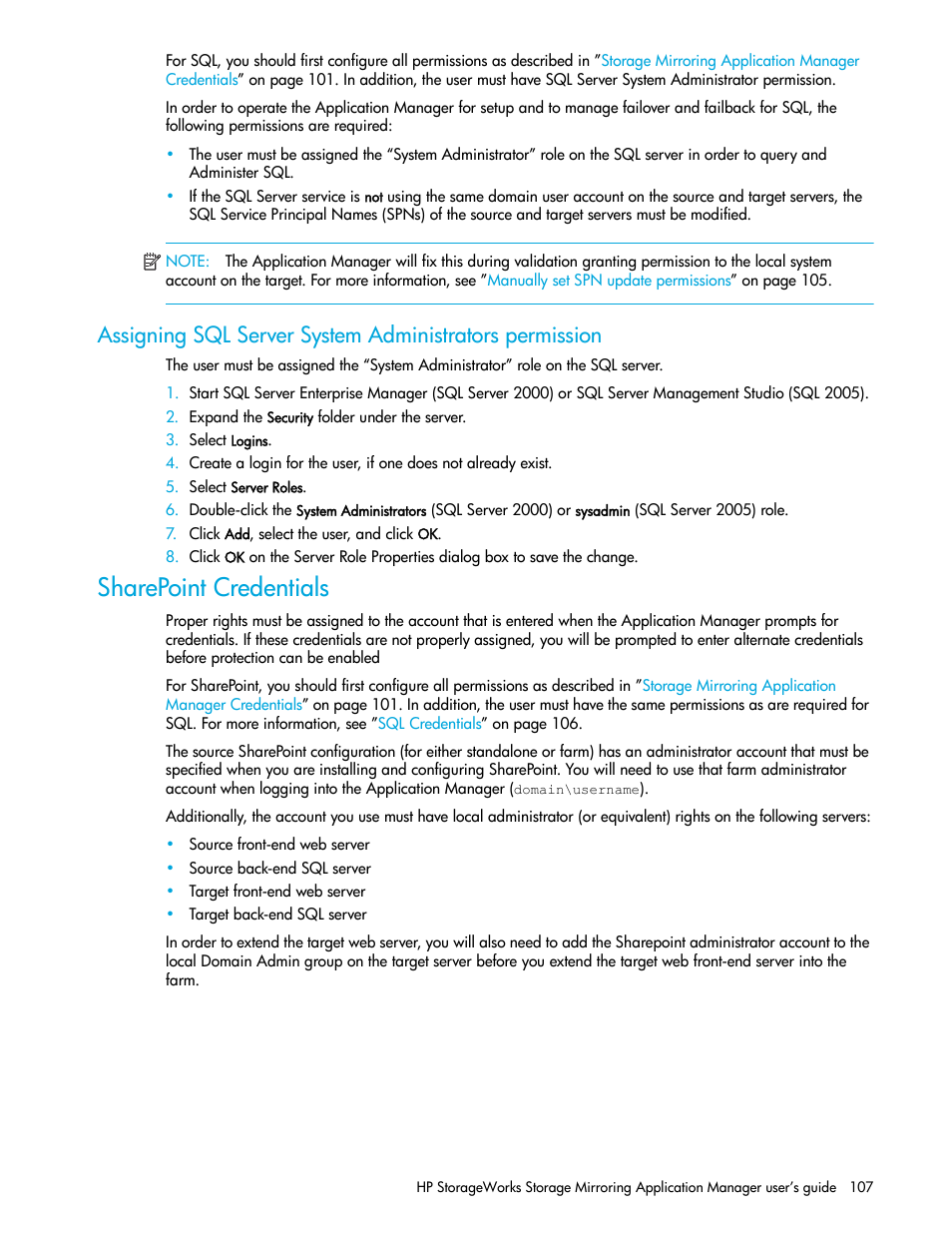 Sharepoint credentials | HP Storage Mirroring V5 Software User Manual | Page 117 / 132