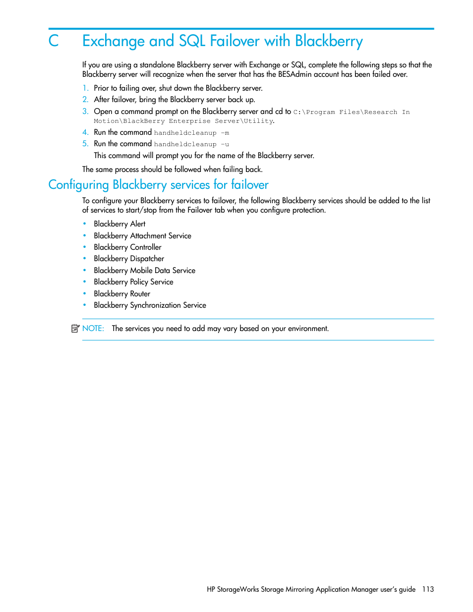 Exchange and sql failover with blackberry, Configuring blackberry services for failover, C exchange and sql failover with blackberry | Cexchange and sql failover with blackberry | HP Storage Mirroring V5 Software User Manual | Page 123 / 132