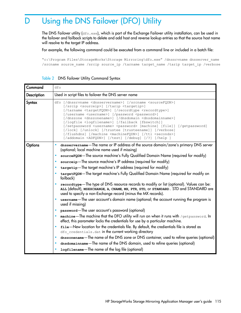 Using the dns failover (dfo) utility, Table 2 dns failover utility command syntax, D using the dns failover (dfo) utility | Dusing the dns failover (dfo) utility | HP Storage Mirroring V5 Software User Manual | Page 125 / 132