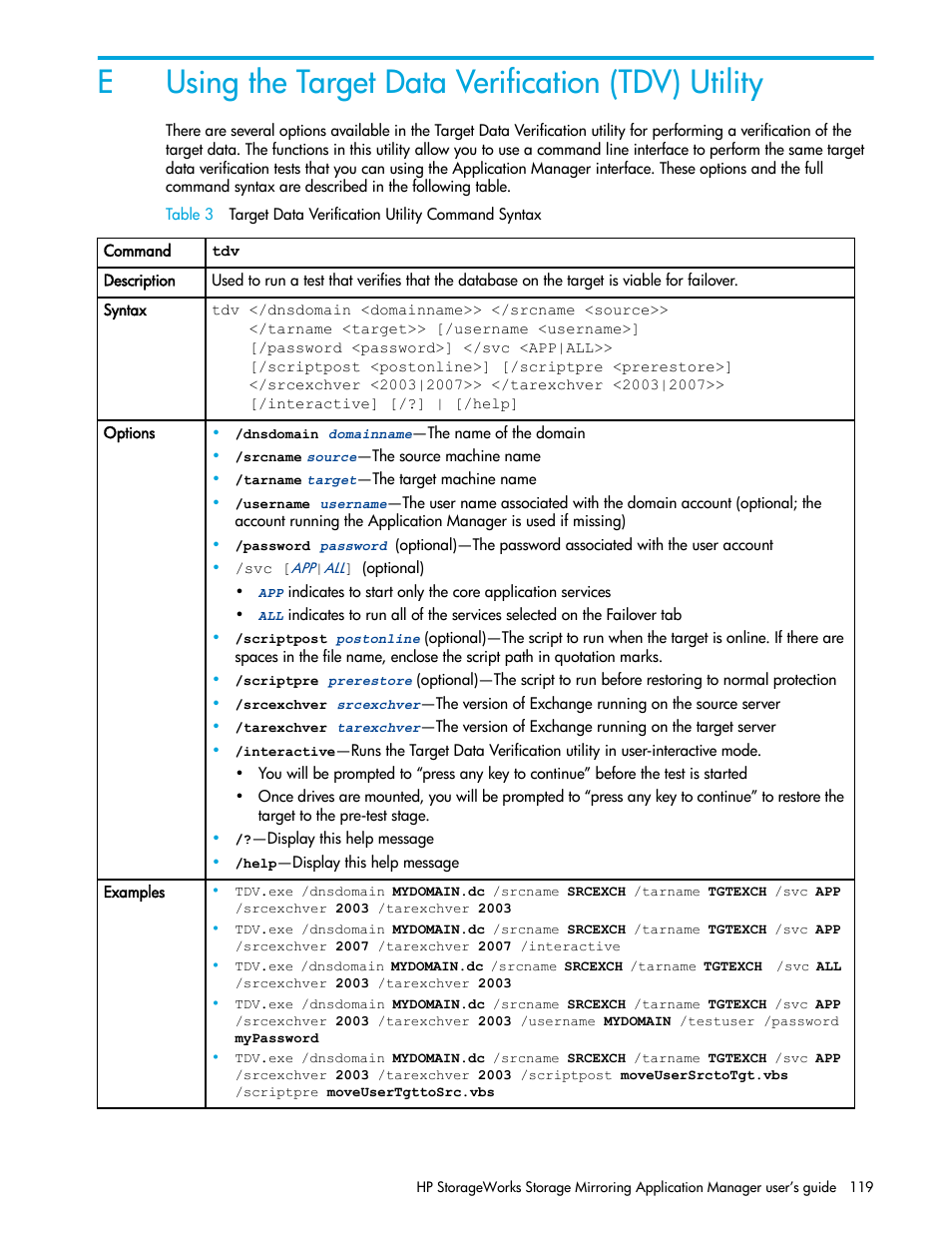 Using the target data verification (tdv) utility, E using the target data verification (tdv) utility, Eusing the target data verification (tdv) utility | HP Storage Mirroring V5 Software User Manual | Page 129 / 132