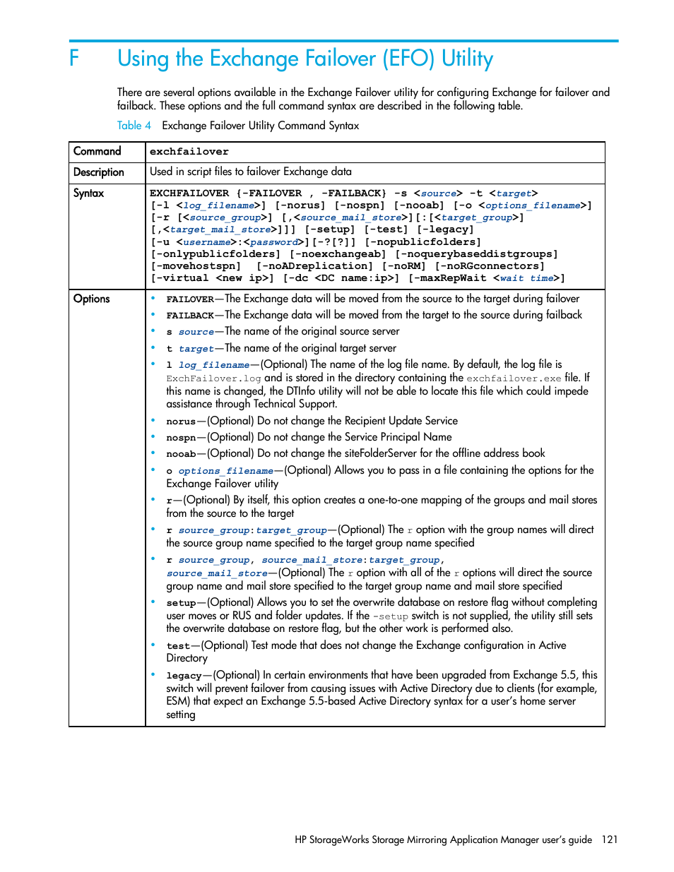 Using the exchange failover (efo) utility, Table 4 exchange failover utility command syntax, F using the exchange failover (efo) utility | Fusing the exchange failover (efo) utility | HP Storage Mirroring V5 Software User Manual | Page 131 / 132