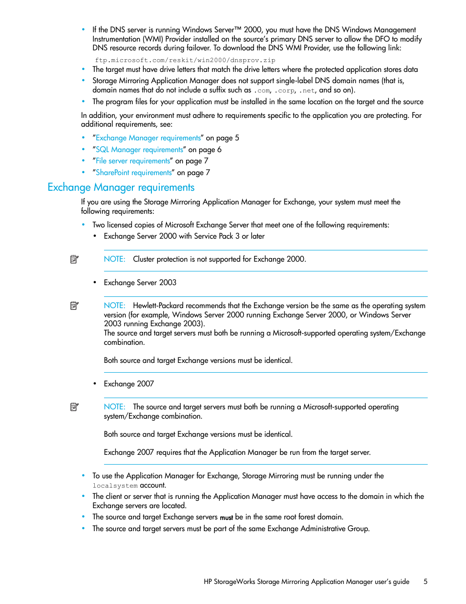 Exchange manager requirements | HP Storage Mirroring V5 Software User Manual | Page 15 / 132