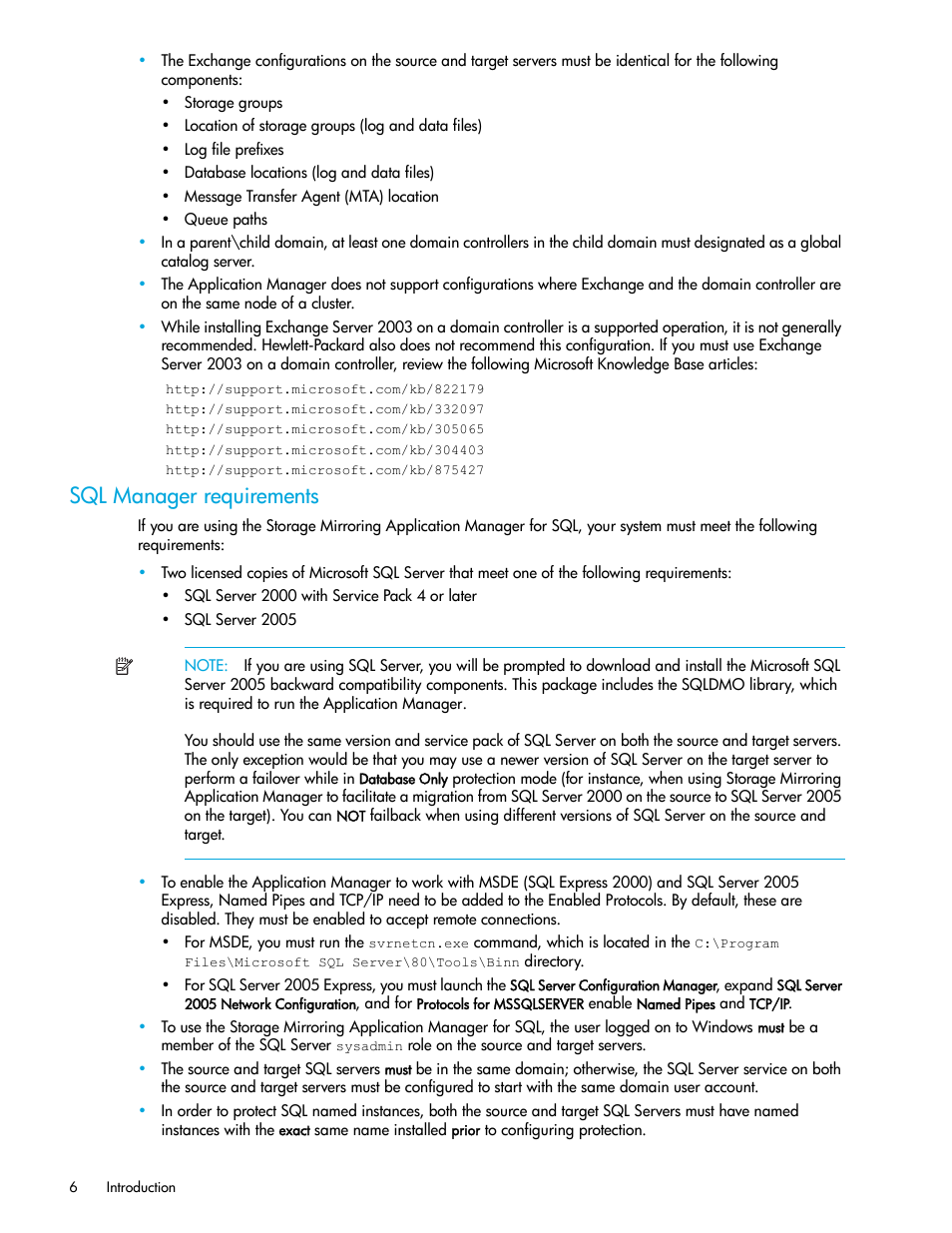 Sql manager requirements | HP Storage Mirroring V5 Software User Manual | Page 16 / 132