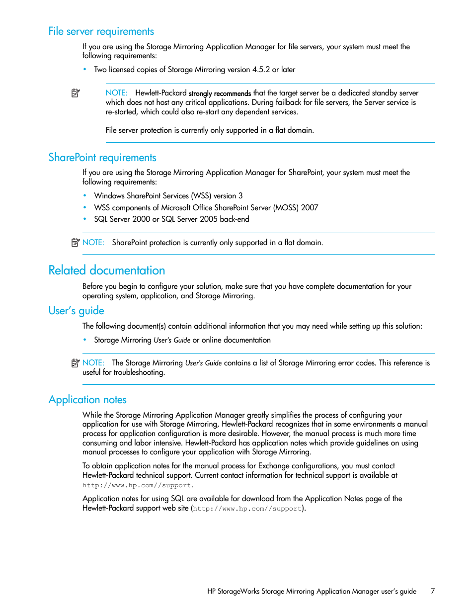 File server requirements, Sharepoint requirements, Related documentation | User’s guide, Application notes | HP Storage Mirroring V5 Software User Manual | Page 17 / 132