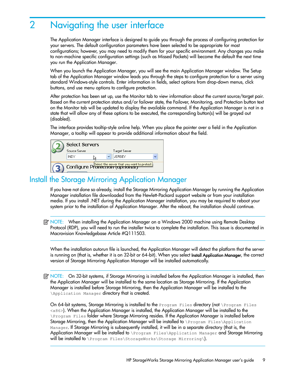 Navigating the user interface, Install the storage mirroring application manager, 2 navigating the user interface | 2navigating the user interface | HP Storage Mirroring V5 Software User Manual | Page 19 / 132