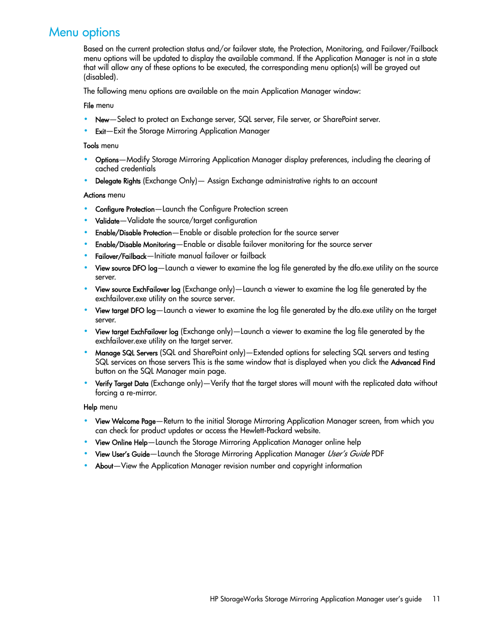 Menu options | HP Storage Mirroring V5 Software User Manual | Page 21 / 132