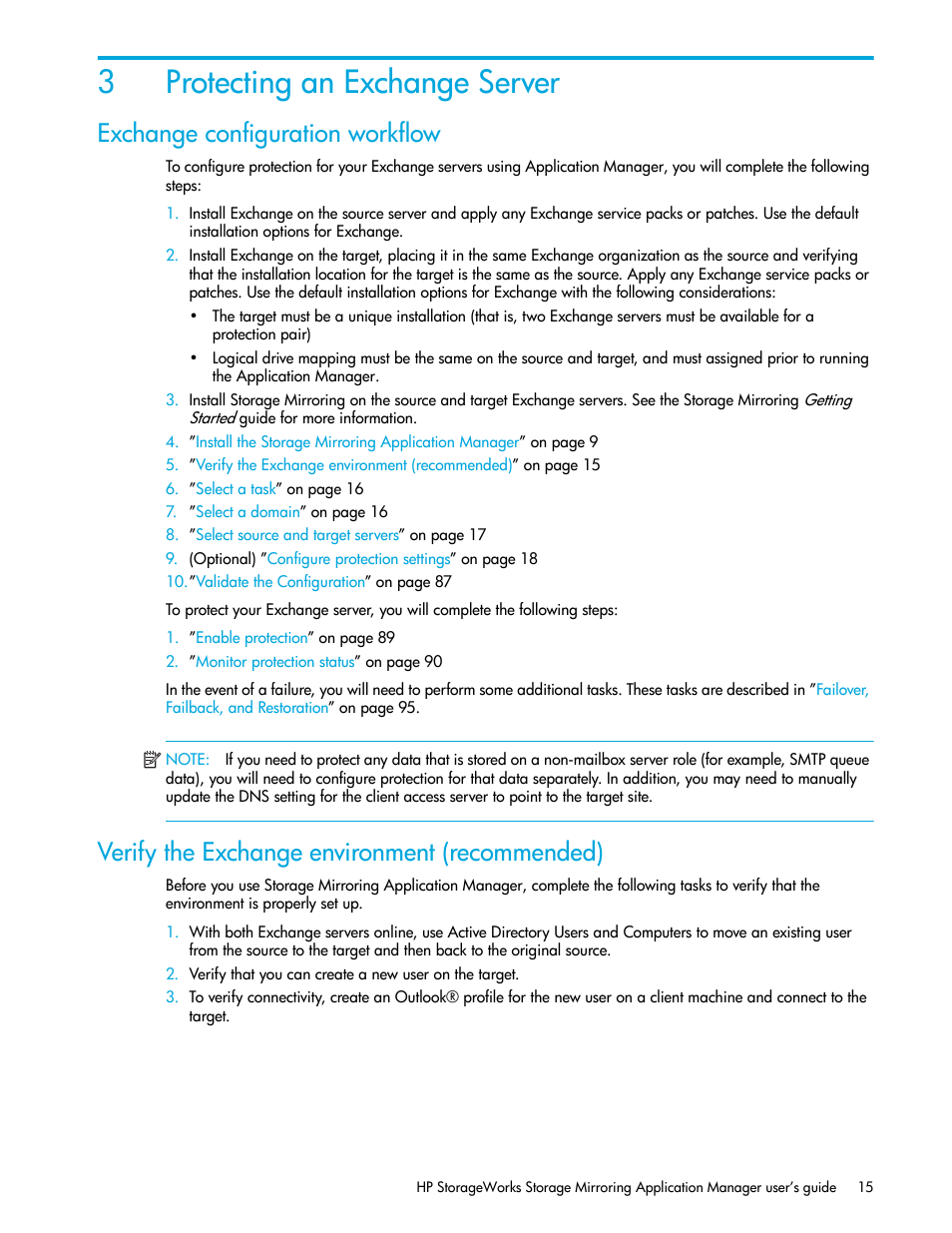 Protecting an exchange server, Exchange configuration workflow, Verify the exchange environment (recommended) | 3 protecting an exchange server, 3protecting an exchange server | HP Storage Mirroring V5 Software User Manual | Page 25 / 132