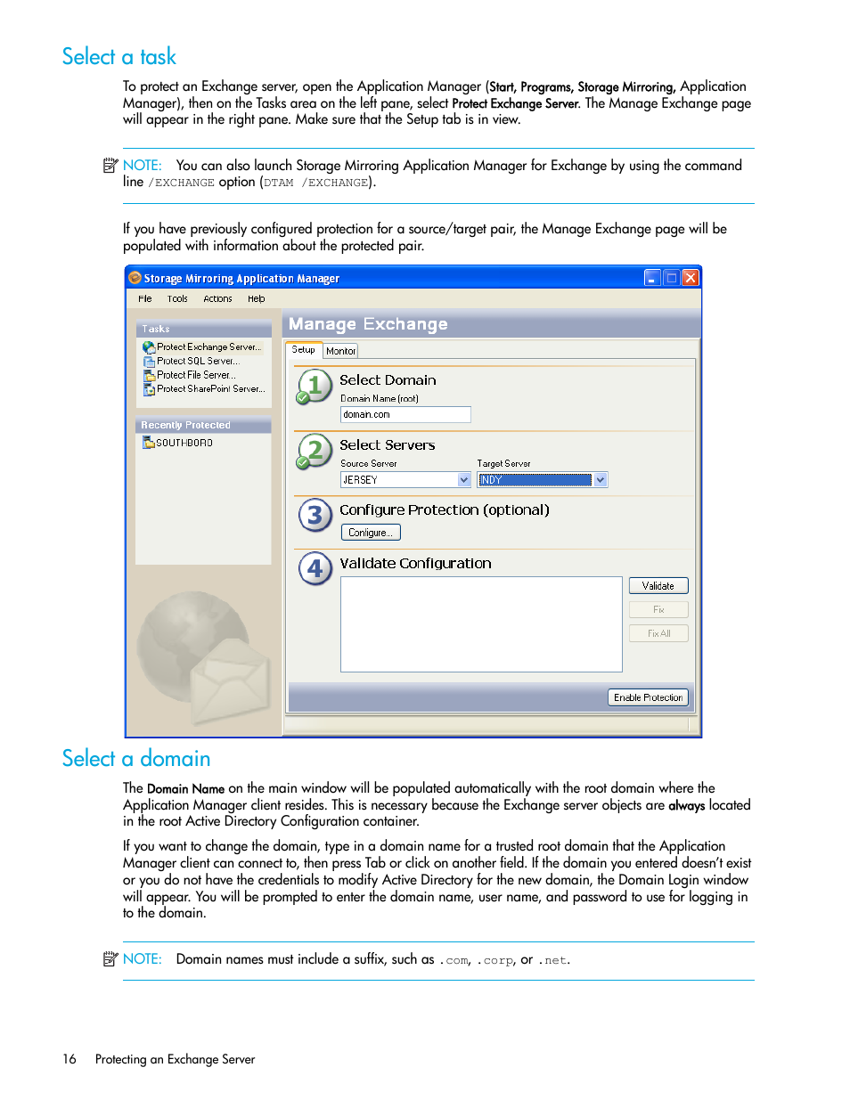 Select a task, Select a domain | HP Storage Mirroring V5 Software User Manual | Page 26 / 132