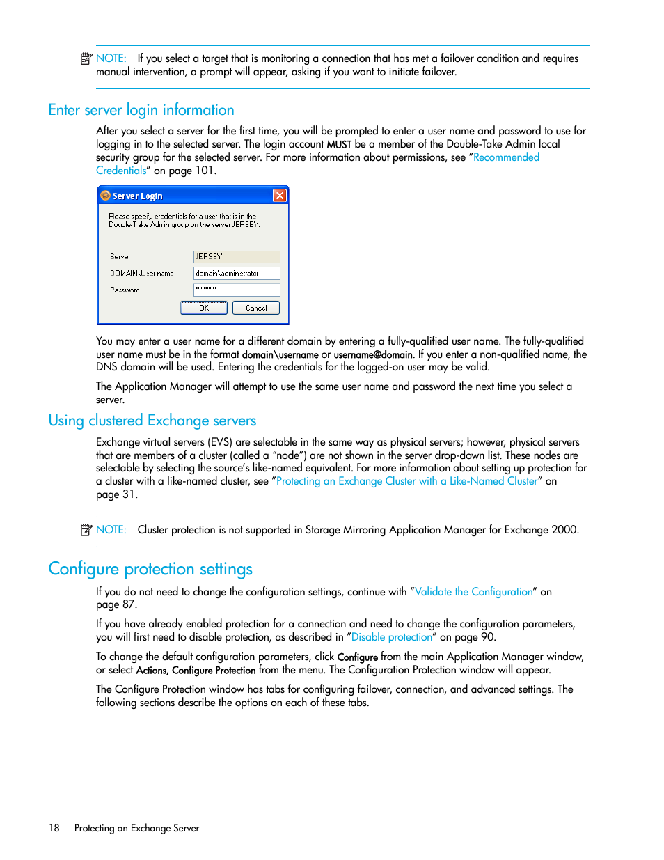 Enter server login information, Using clustered exchange servers, Configure protection settings | Enter server login, Information | HP Storage Mirroring V5 Software User Manual | Page 28 / 132