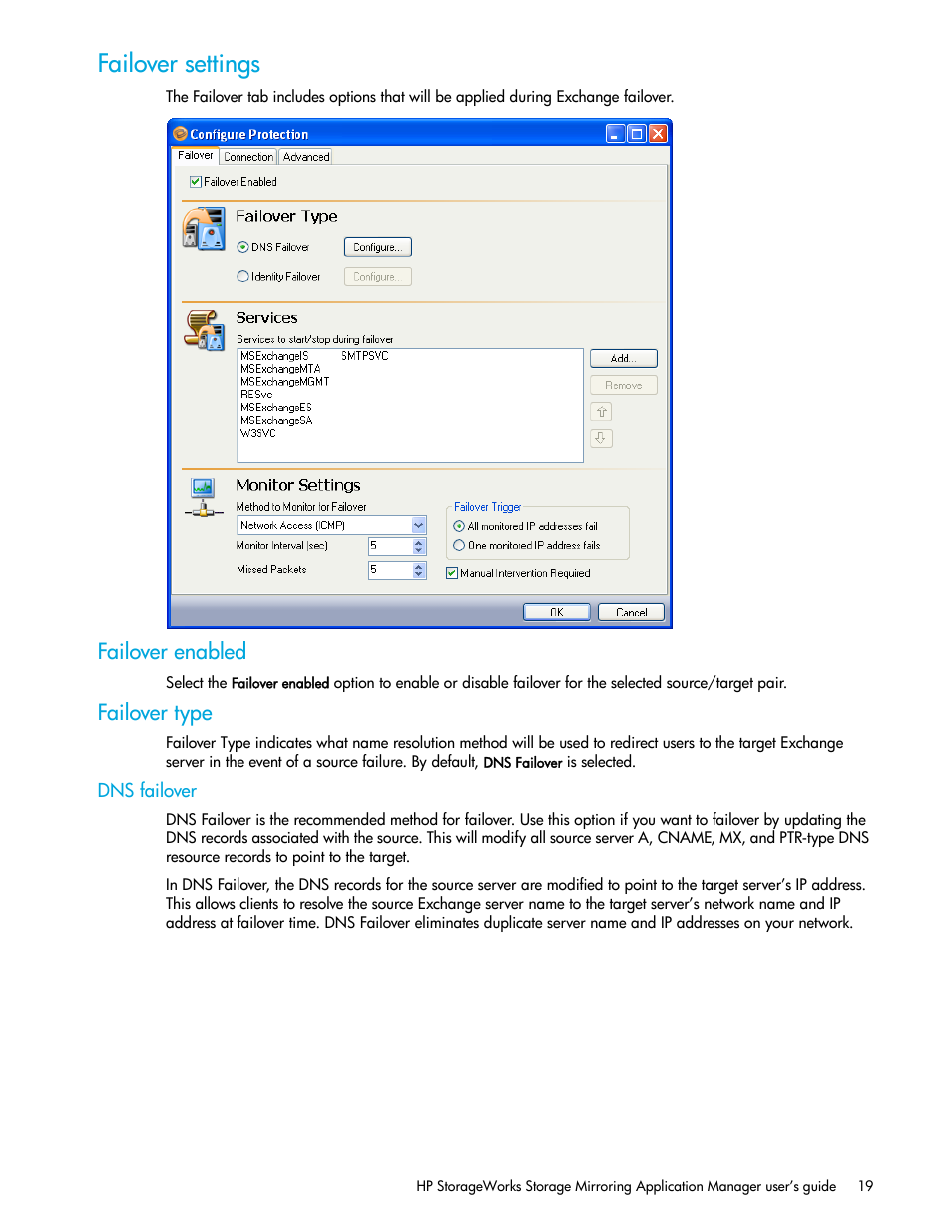 Failover settings, Failover enabled, Failover type | Dns failover | HP Storage Mirroring V5 Software User Manual | Page 29 / 132