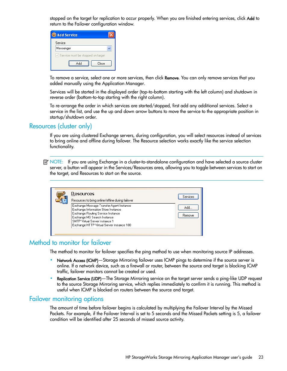 Resources (cluster only), Method to monitor for failover, Failover monitoring options | HP Storage Mirroring V5 Software User Manual | Page 33 / 132