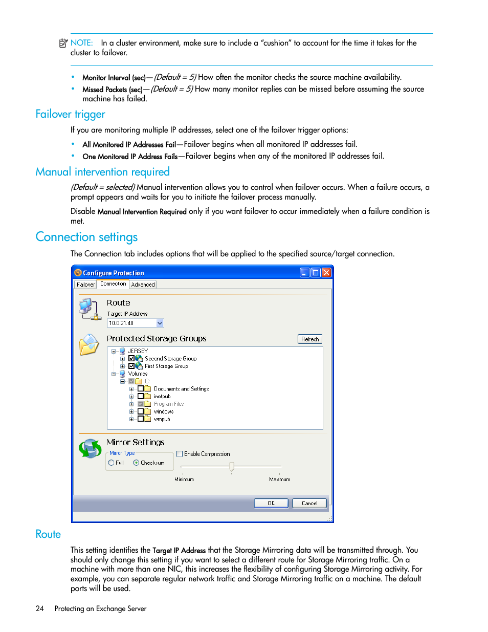 Failover trigger, Manual intervention required, Connection settings | Route | HP Storage Mirroring V5 Software User Manual | Page 34 / 132